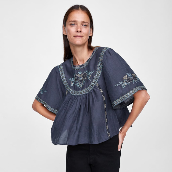 NWT Zara Embroidered Peasant Top - Picture 1 of 8